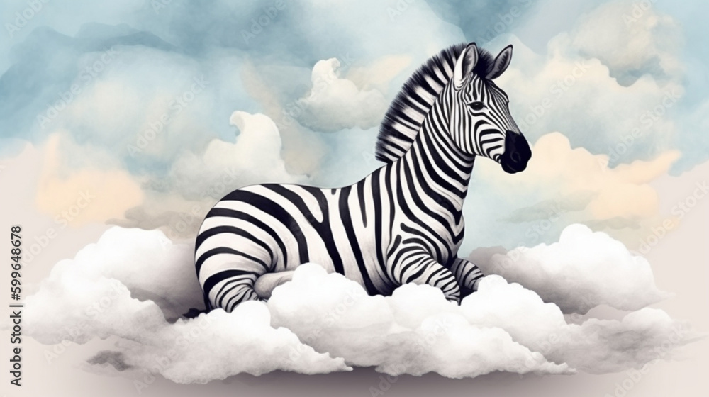 Wall mural Zebra sitting on a cloud watercolor Generative AI 