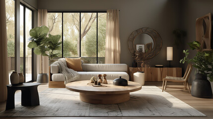 Fototapeta na wymiar Wohnzimmer im modern minimalistischen Stil, mit organische Formen und warmen Erdtönen, symbolisch für achtsames leben (Generative AI)