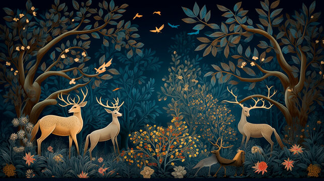 Dark blue mural wallpaper from the contemporary era Christmas tree, mountain, deer, birds, and waves of gold on a dark blue backdrop depicting a jungle or forest. Generative AI