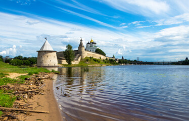 View of the Pskov Kremlin (Krom) and the confluence of the rivers Pskov and Velikaya, Pskov, Russia