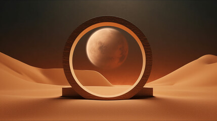 Mars and Martian Inspired Surreal Futuristic Background with Arched Round Halo Structure and Glowing Moon/Planet in the Background - Futuristic Sci-Fi Red Planet - Generative AI