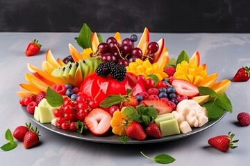 fruit plate with various fruits and berries, arranged in beautiful and creative way, created with generative ai