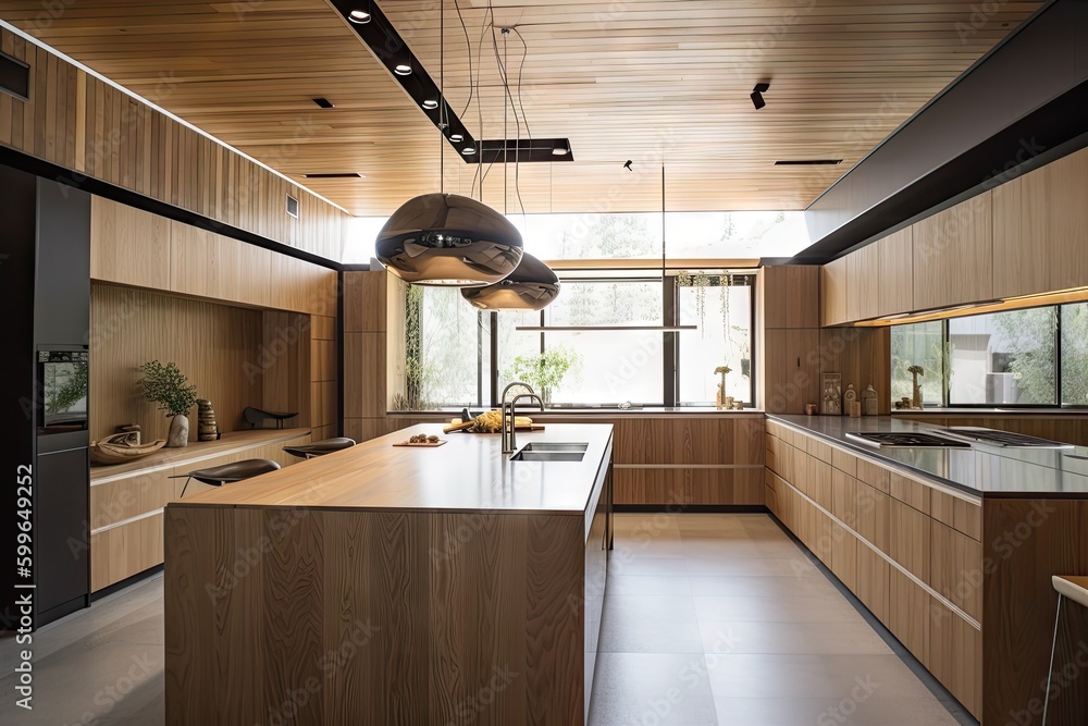 Poster modern kitchen with sleek look and wood-paneled walls, created with generative ai