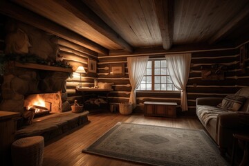 cozy cabin retreat with warm fireplace and crackling flames, perfect for reading or cuddling, created with generative ai
