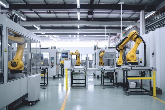robotics factory, where machines and robots work together to produce high-tech products, created with generative ai