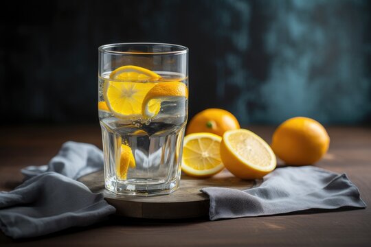 glass of water with slice of lemon and orange slices, created with generative ai