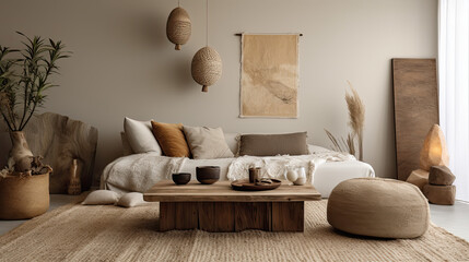 Fototapeta na wymiar Wohnzimmer im modern minimalistischen Stil, mit organische Formen und warmen Erdtönen, symbolisch für achtsames leben (Generative AI)