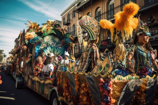mardi gras parade, with floats and costumes, on the streets of new orleans, created with generative ai