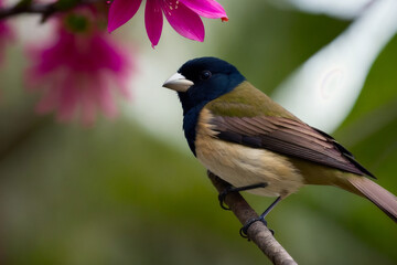 Masked Crimson Tanager bird perching on a branch with tropical leaves everywhere in a tropical rainforest. Wildlife concept of ecological environment. Generative AI