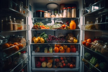 Open fridge with healthy food. Products on the shelves. Generative AI