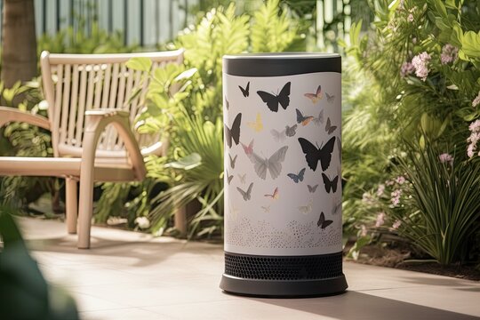 air purifier in peaceful garden setting, with birds and butterflies, created with generative ai