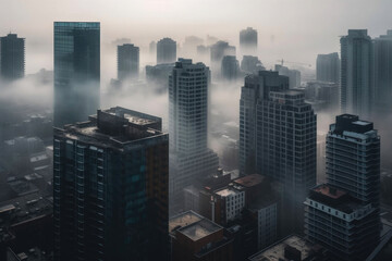 Street with skyscrapers in the fog. Generative AI