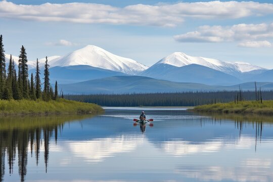 canoeist paddling on still lake, with view of distant mountains, created with generative ai