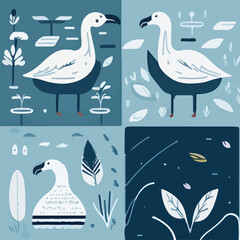 Hand drawn vector abstract graphic cartoon illustrations cards set template with beauty cute minimalistic style wildlife Swan print set. Wild life Swan animal concept design art
