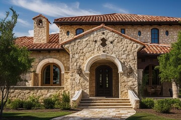 Naklejka premium mediterranean house with stone facade, gabled roof and arched door, created with generative ai