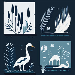 Hand drawn vector abstract graphic cartoon illustrations cards set template with beauty cute minimalistic style wildlife Swan print set. Wild life Swan animal concept design art