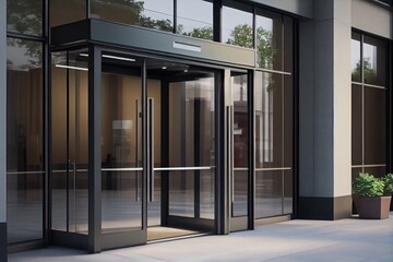 office or hotel entrance with automatic sliding doors, for convenience and ease of access, created with generative ai