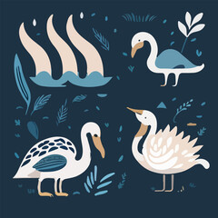 Hand drawn vector abstract graphic cartoon illustrations cards set template with beauty cute minimalistic style wildlife Swan print set. Wild life Swan animal concept design art