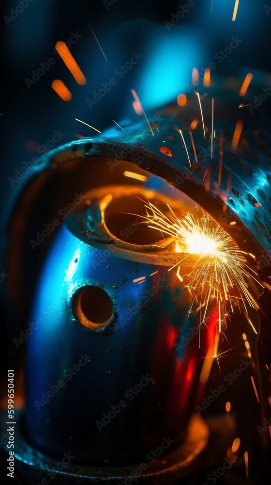 Poster macro closeup of gas arc welder with brilliant sparks of light. generative ai