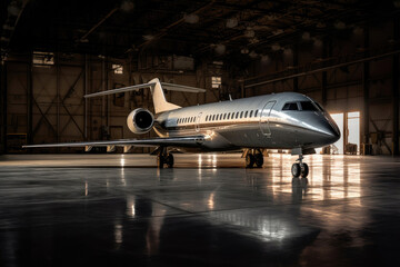 Bombardier global express business jet in large hangar. Generative AI