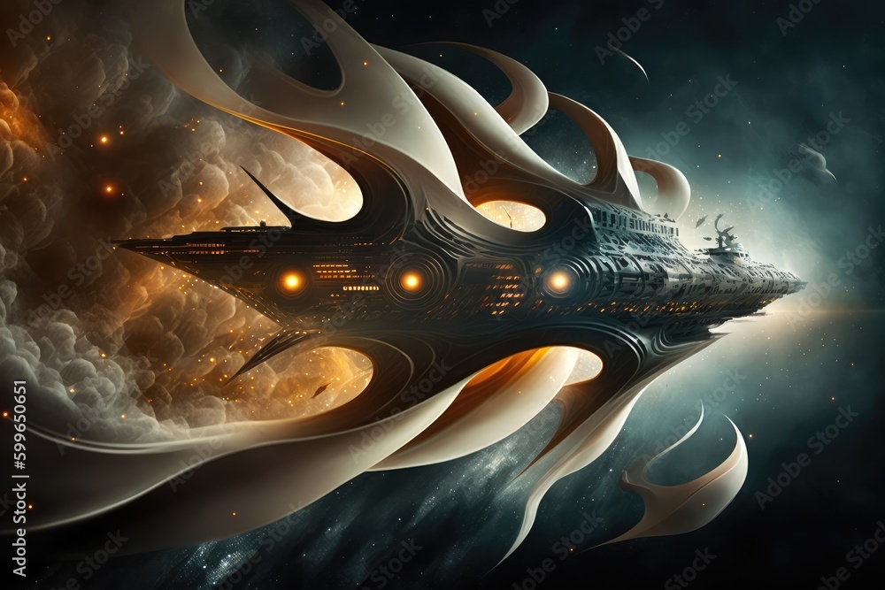 Poster gigantic spaceship travel into a quantum world. distinct generative ai image.