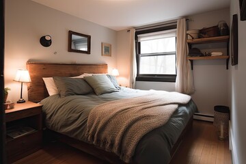 bedroom, with freshly laundered linens and fluffy pillows on the bed, created with generative ai