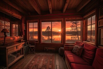 cozy cabin retreat with view of sunset over the lake, created with generative ai