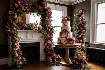 Fototapeta na wymiar wedding cake tower with cascading florals and greenery, created with generative ai
