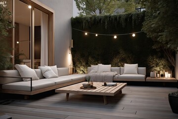 modern outdoor seating area with sleek, minimalist furniture and contemporary lighting, created with generative ai