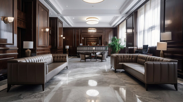 Hotel lobby interior with reception desk, sofas, marble floor and long bar, AI Generative