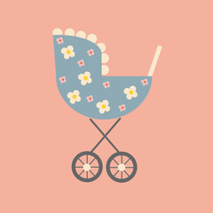 Fototapeta na wymiar Baby carriage. Cute baby stroller with floral design. Cartoon flat vector illustration. Babies, baby shower, newborn.Vintage style. For card, poster, printing, icon, template, design element. 