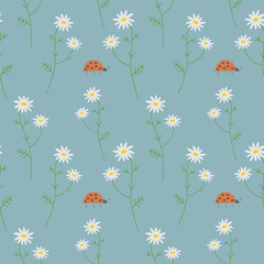 Seamless pattern. Repeating background with daisies and ladybug, forest motif. Hand-drawn flowers and forest insects, boho style.  For textiles, packaging design, postcards,  baby products.