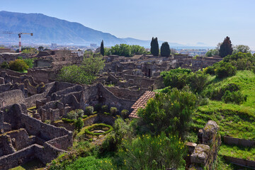 Panoramic view of Pompei, ancient Roman colony buried under the ashes of mount Vesuvius, Italy
