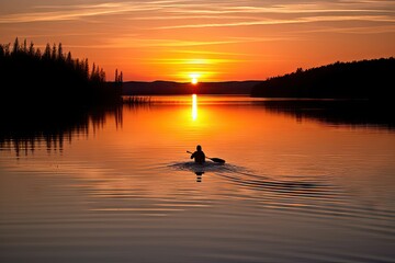 Fototapeta na wymiar person, paddling their canoe through tranquil lake, with view of the sunset, created with generative ai