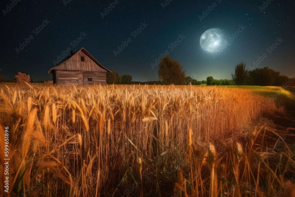 Poster warm autumn night, with harvest moon and starry sky above the fields, created with generative ai