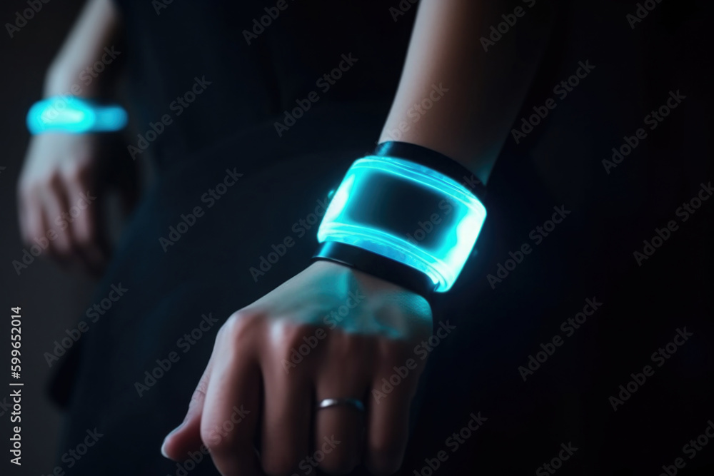 Poster futuristic smart device with glowing hologram display on human hand. virtual reality technology in r