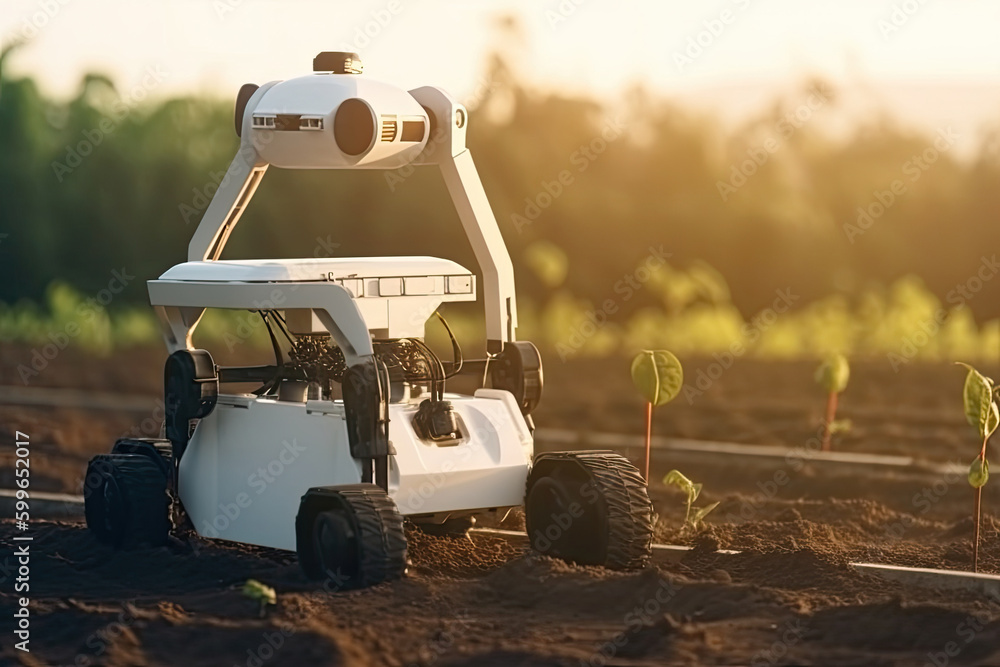 Poster unmanned automatic robot working in agricultural field. smart futuristic technologies in agriculture