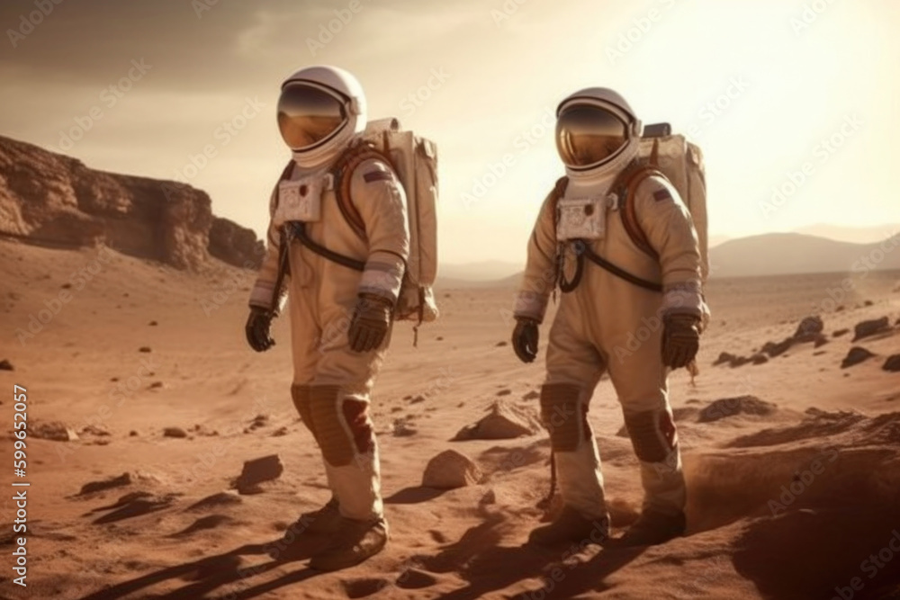 Poster astronauts wearing space suits walking on red planet. martian colony. mars colonization. created wit
