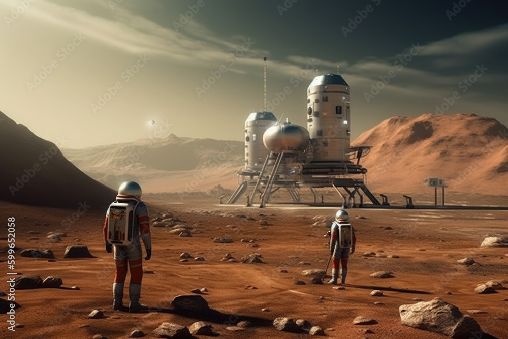 Wall mural astronauts wearing space suits walking on red planet, standing near base for colonization. martian c