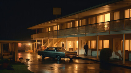 Busy motel on a foggy night with people. Generative AI