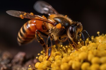 close-up of bee landing on flower, with visible pollen grains, created with generative ai