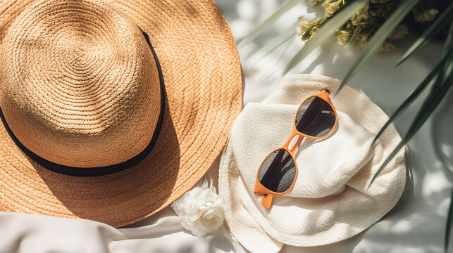 Swimming pool essentials concept. Beach bag with items for safe sunbathing on the deck, sunglasses, straw hat, white blanket and sunscreen product. AI Generative