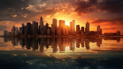 Fototapeta premium City Skyline at Sunset - Generative AI image