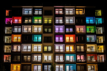 Bright colorful windows pattern at night. Front view facade of residential building with glowing lights in windows and balcony in the dark. Created with Generative AI - obrazy, fototapety, plakaty