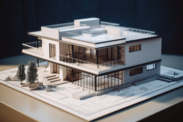 Model of house building standing on architectural plan. Technical project of new house. Drawing for construction. Created with Generative AI