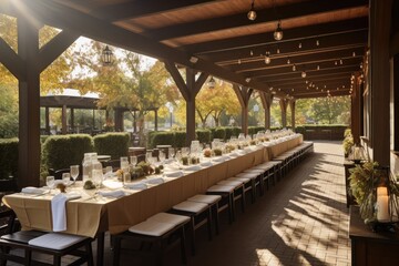 banquet hall, with long tables set up for a formal outdoor dining event, created with generative ai