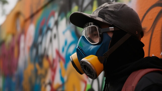 Graffiti sprayer artist with mask in a colorful scene. Generative AI