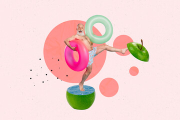 Creative collage portrait of overjoyed mini grandfather hold inflatable ring stand big apple fruit...