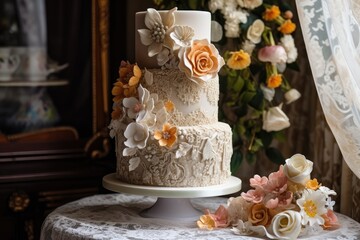 intricate wedding cake, decorated with sugar flowers and lace details, created with generative ai