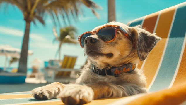 Dog Puppy Lying on Sunbed Sunbathing at Beach Sea on Summer Vacation. Generative ai